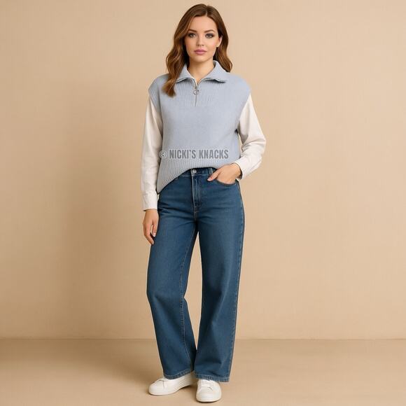 Pink Rose Light Blue Quarter Zip Sweater Vest Ribbed Collar Knit Top Size M - Picture 14 of 15